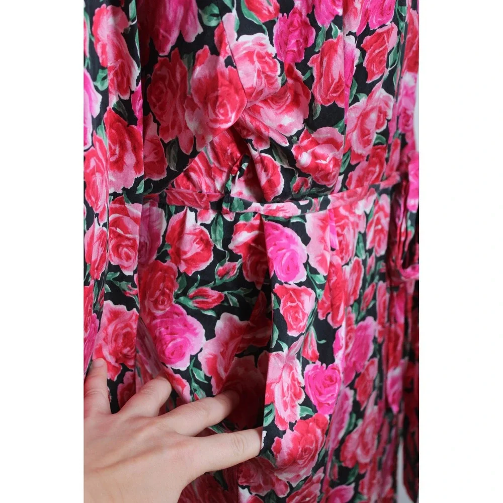 Vtg Victoria's Secret S Pink Floral Silk Maxi Robe Long Sleeve Belt Wrap Pocket